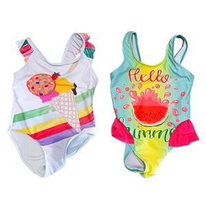 2 Piece Bundle Girls Swimsuit One Piece Summer XS Beach Ruffled White Blue